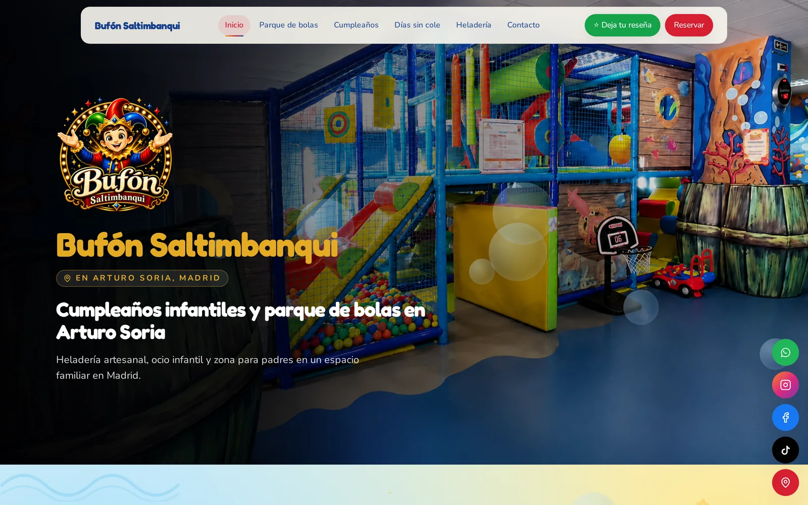 Vista de escritorio de la web de celebraciones Bufón Saltimbanqui.