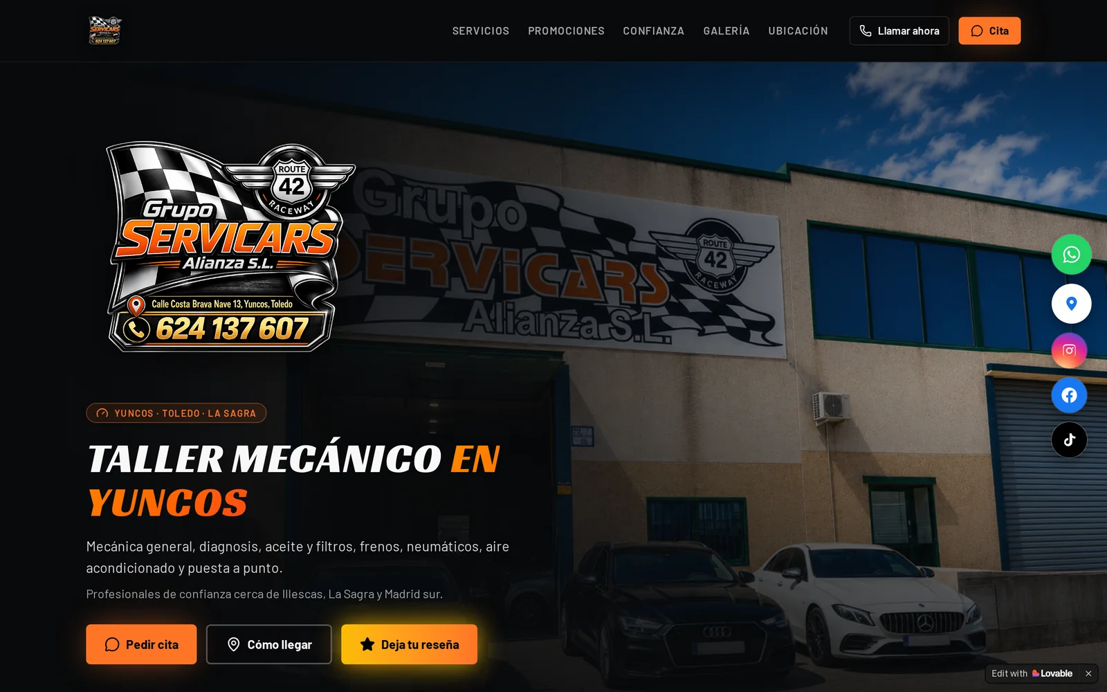 Vista de escritorio de la web del taller Servicars Racing Hub.